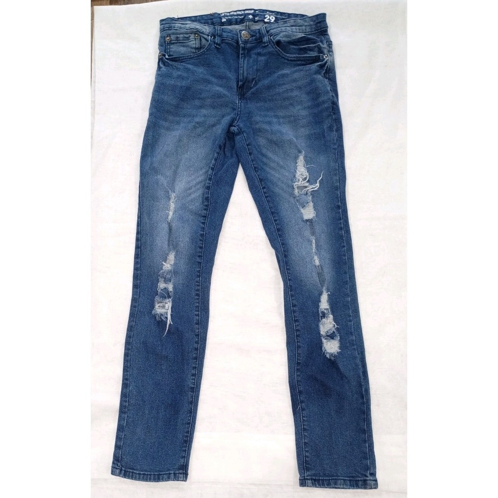 LRG Skinny Fit Distressed Blue Denim Jeans Men's 5-Pocket Zip Button Embroidered